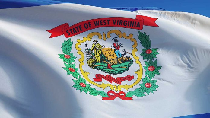 West,Virginia,(u.s.,State),Flag,Waving,Against,Clear,Blue,Sky,