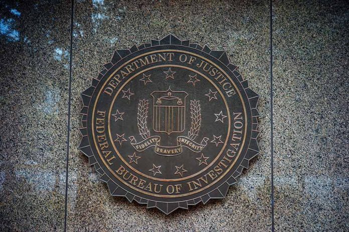 FBI seal on a granite wall.