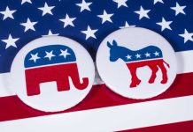 Republican and Democrat symbols on American flag