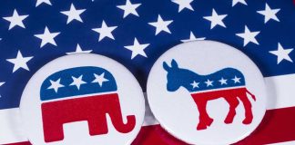 Republican and Democrat symbols on American flag