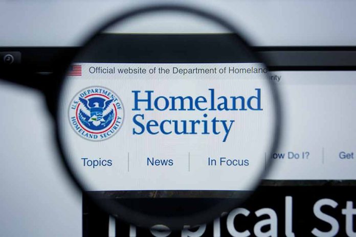 Magnifying glass showing Homeland Security website.