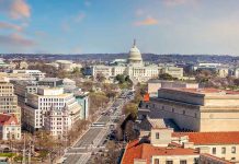 Washington, D.C. skyline with Capitol Building in background.