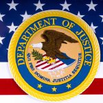 Department of Justice seal on American flag background.