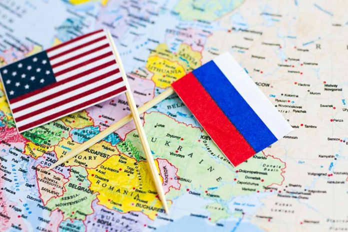 U.S. and Russian flags on a world map.