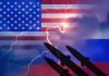 US Russia flags lightning silhouette missiles