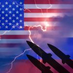 US Russia flags lightning silhouette missiles