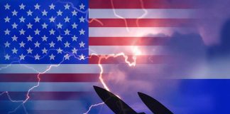 US Russia flags lightning silhouette missiles