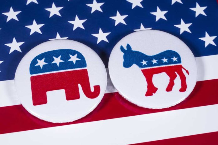 Democrats and Republican logos on American flag