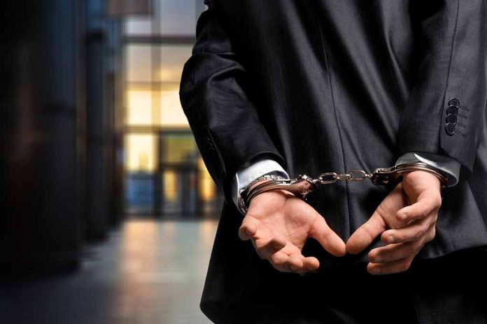 Person in handcuffs wearing a suit in office.