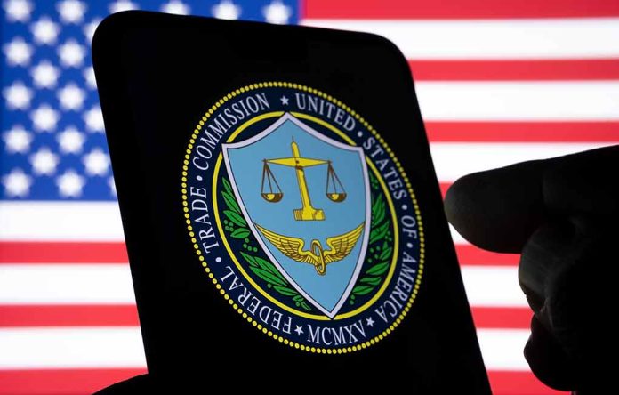 FTC logo on smartphone with American flag background.