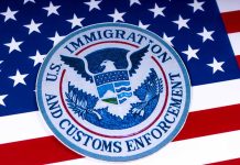 US Immigration and Customs Enforcement emblem on flag
