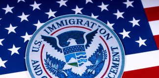 US Immigration and Customs Enforcement emblem on flag