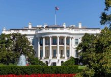 White House with gardens and fountain in foreground