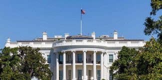 White House with gardens and fountain in foreground