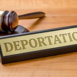 Gavel beside deportation sign on wooden table