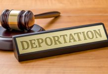 Gavel beside deportation sign on wooden table
