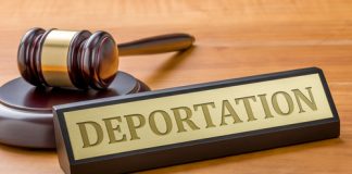 Gavel beside deportation sign on wooden table
