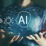 Person holding virtual icons related to artificial intelligence.