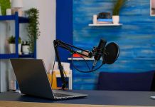 Laptop and a microphone on a desk