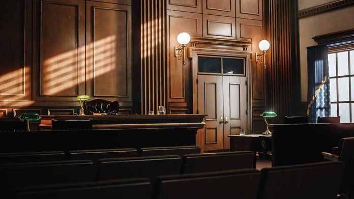 2056420763 featured image Empty courtroom with judge's bench and wooden decor.