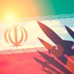 Iran flag with missile silhouettes and sunlight