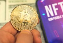 Person holding Bitcoin coin, NFT text on screen