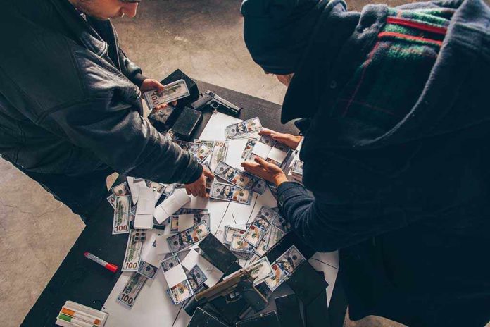 Two individuals handling stacks of money on a table