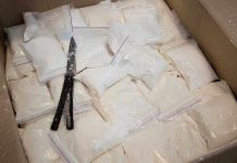Bags of white powder with scissors in cardboard box