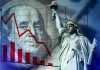 Declining graph Benjamin Franklin and Statue of Liberty background