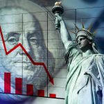 Declining graph Benjamin Franklin and Statue of Liberty background