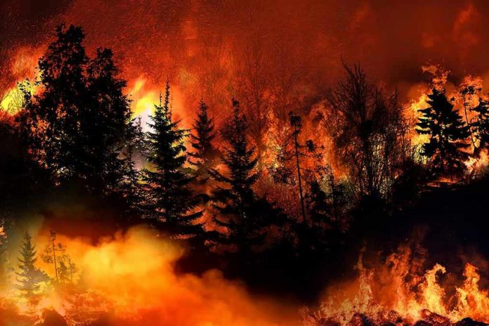 1788639788 Trees burning in a forest fire at night