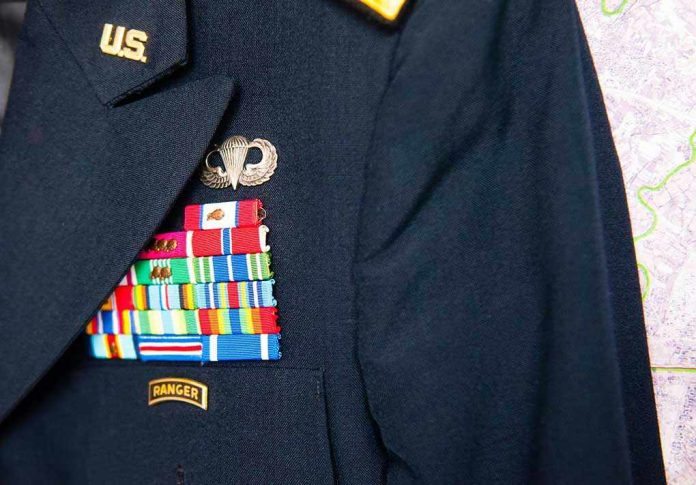 283939994 Military jacket with ribbons and badges displayed