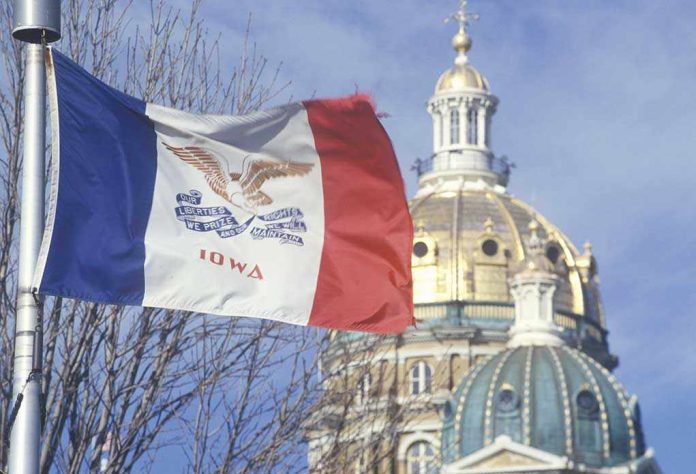 shutterstock_139255292.jpg Iowa state flag waving in front of the state capitol building