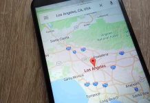 Smartphone displaying map of Los Angeles, California.