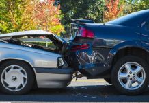 Two cars involved in a rear end collision on a city street