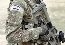Soldier in camouflage gear with Israeli flag patch