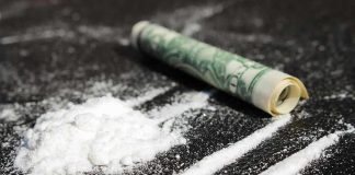 Powder lines, rolled dollar bill on black surface.