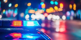 Police car with flashing lights at night