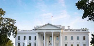 The White House with a fountain and green lawn in front