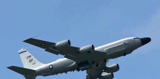 Military aircraft flying in clear blue sky
