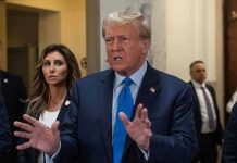 Democrat Lawmakers DARE Military—Trump Responds Man speaking with hands raised, woman and security behind.