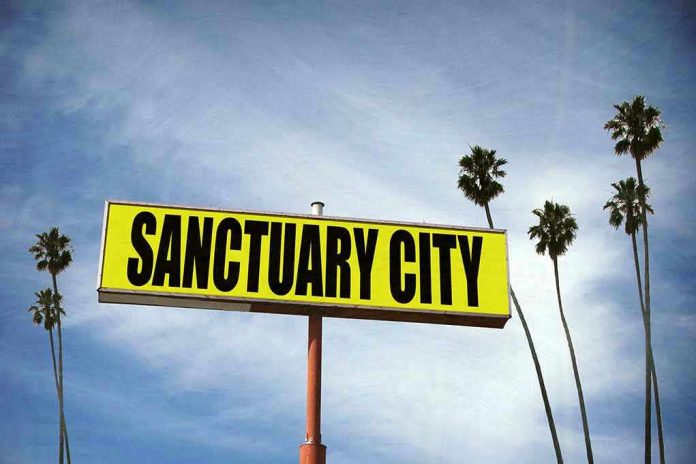 1021778260 Sanctuary City sign with palm trees and sky.