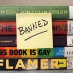 Woke Word Games Cross a Dark Line Stack of banned books with a sticky note.