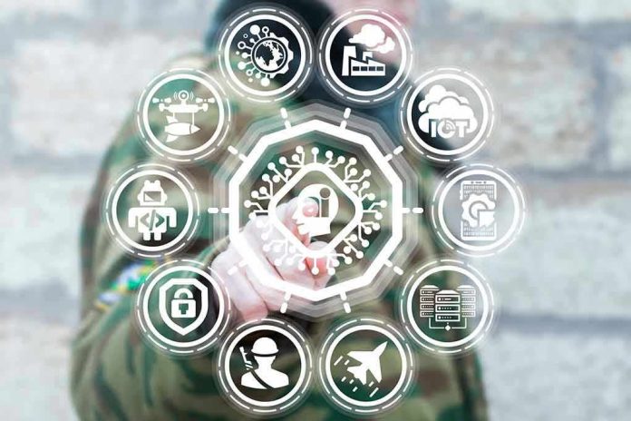 1045491424 Person interacting with futuristic holographic interface and icons.