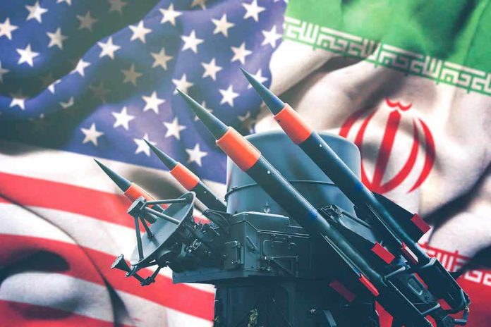 Iran and USA flags with missile launcher.