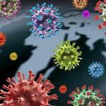 Shocking Gut Virus Unveiled—Cancer Connection! Colorful virus illustrations over a world map.