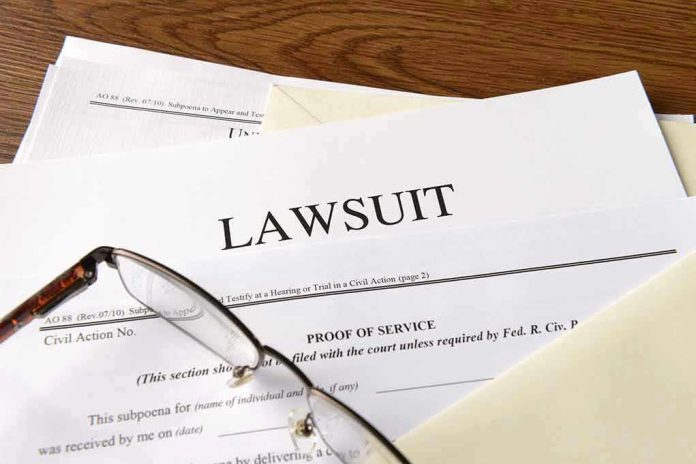 Documents labeled Lawsuit with glasses on top.