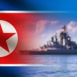North Korean flag overlay with warship at sea
