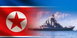North Korean flag overlay with warship at sea