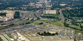 Aerial view of the Pentagon building and surrounding area.